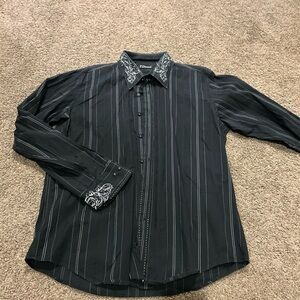 7 Diamonds Black and Gray Striped Shirt